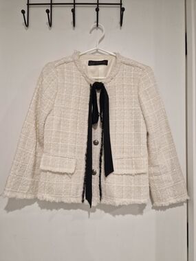 Zara Cream Tweed Blazer with Black Ribbon